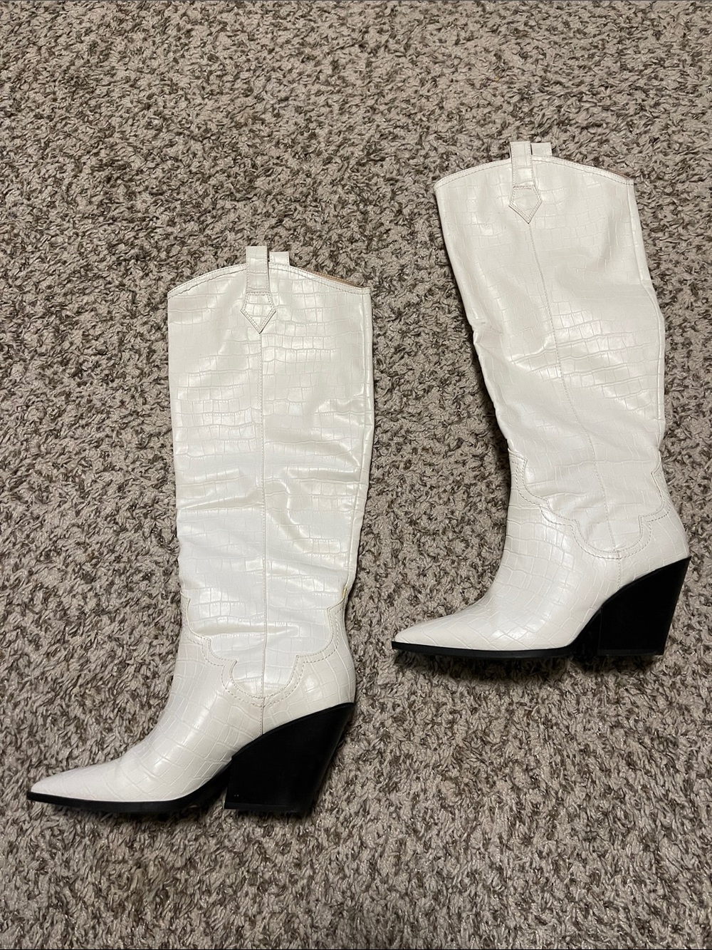 H&M White Croc-Embossed Pointed-Toe Western Knee-High Boots